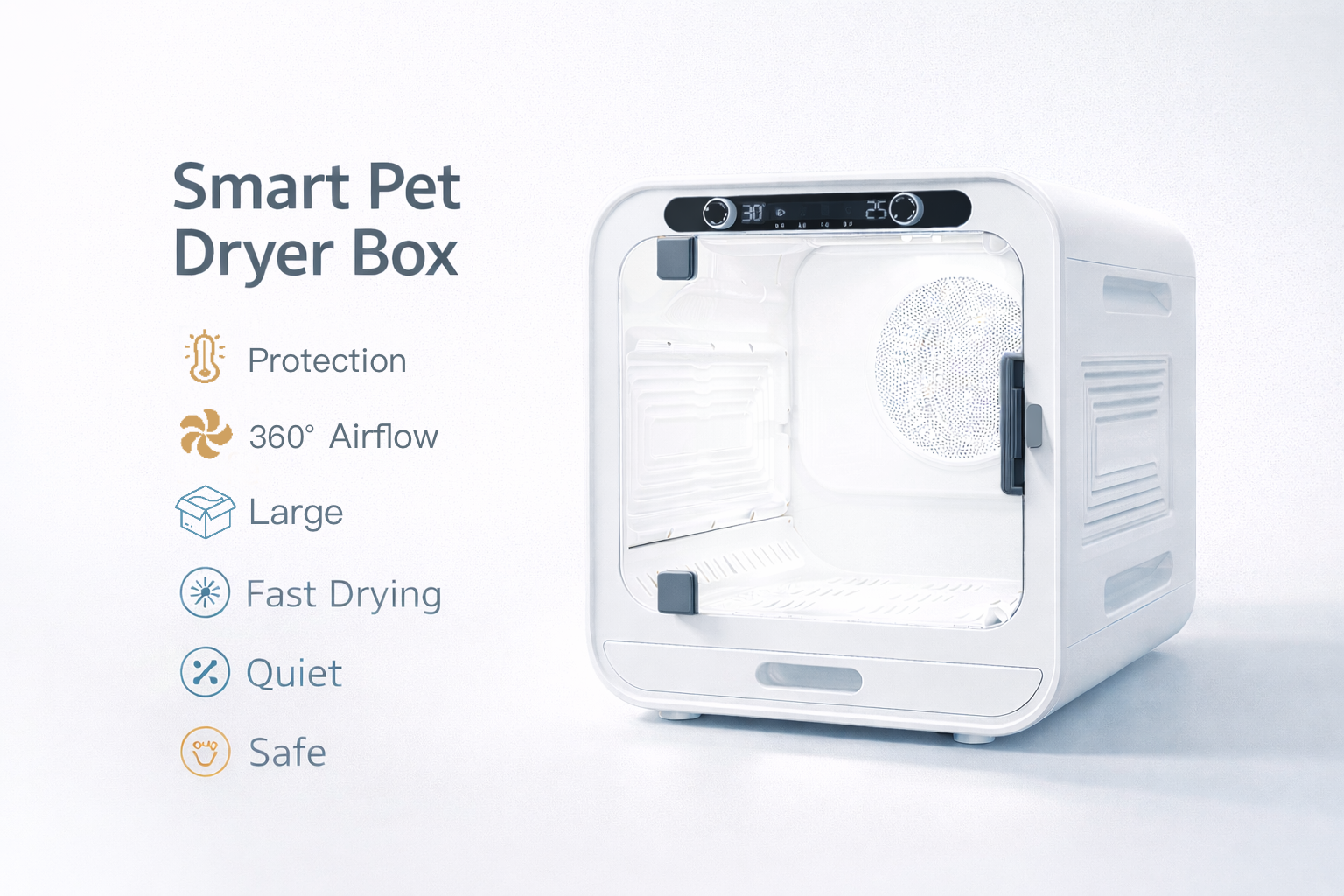 Smart pet dryer box with features listed on a white background