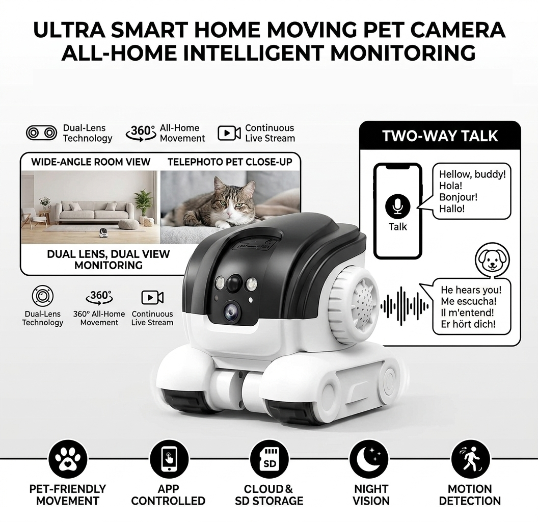 Smart Mobile Robot Camera: 360° All-Terrain Home & Pet Monitor