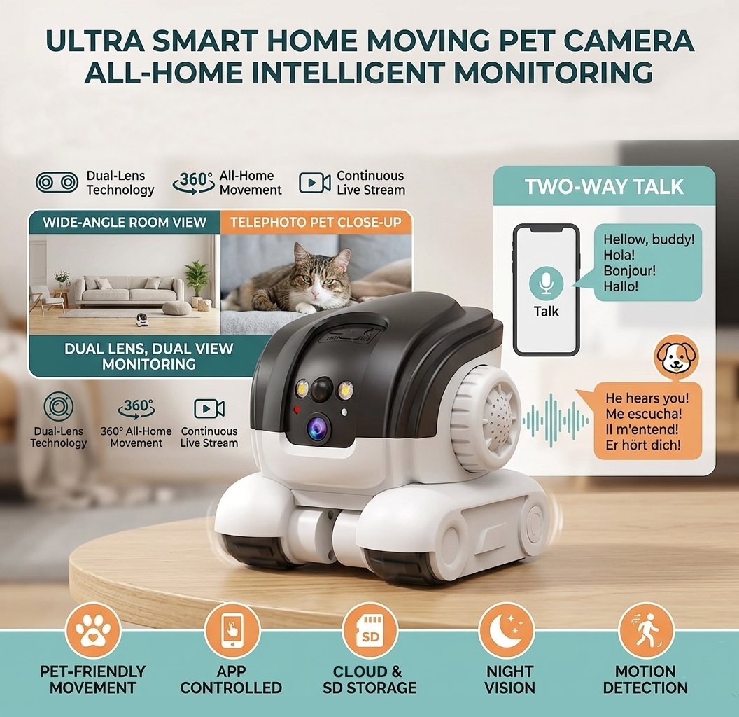 Smart Mobile Robot Camera: 360° All-Terrain Home & Pet Monitor