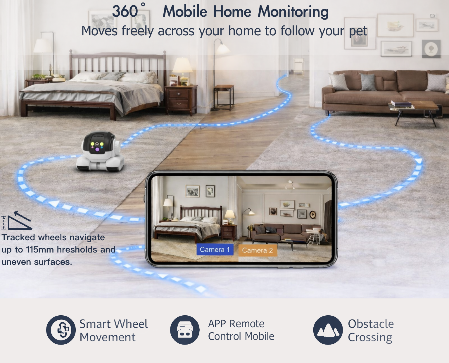 Smart Mobile Robot Camera: 360° All-Terrain Home & Pet Monitor